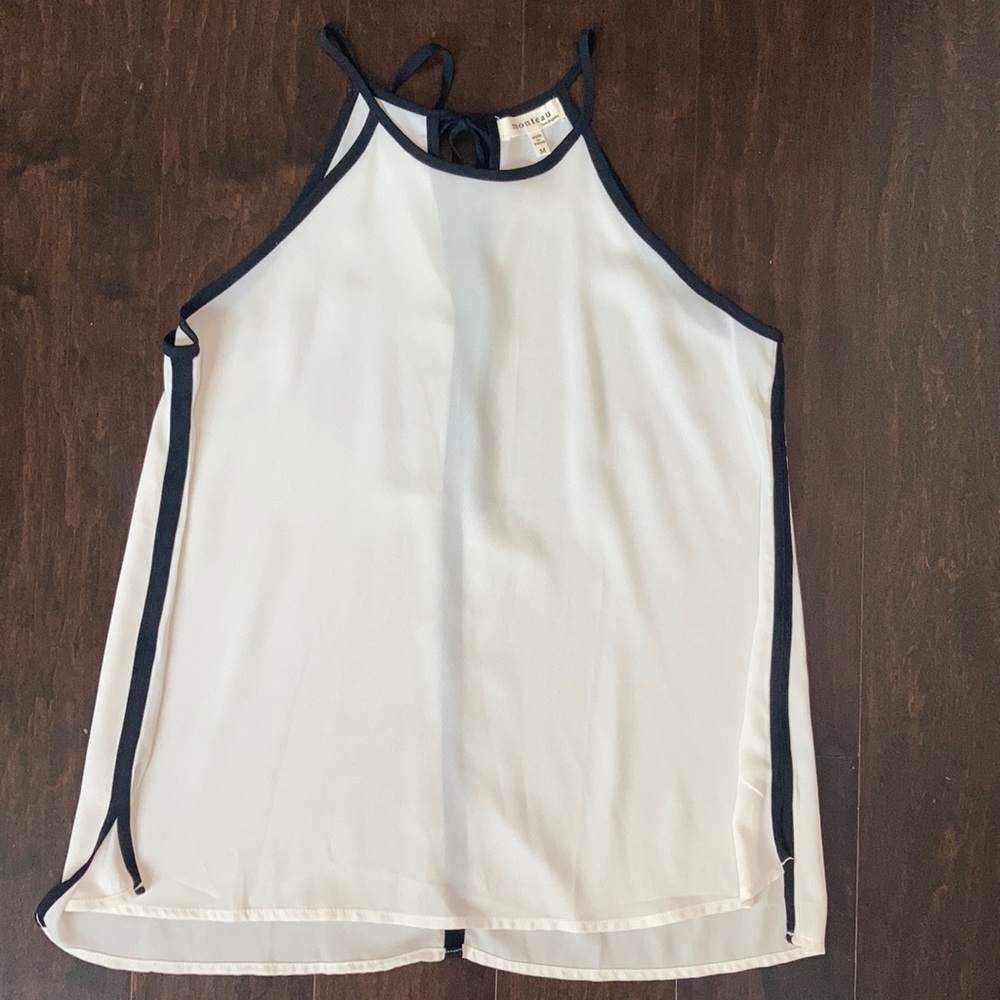 White, high-neck tank top with black lining